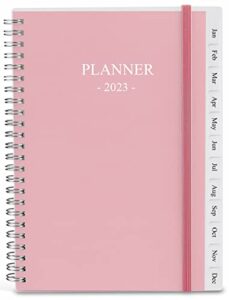2023 planner – weekly & monthly planner runs from jan 2023 to dec 2023, 6.25″ x 8.25″, 12 monthly tabs, 14 notes pages, inner pocket, flexible cover with twin-wire binding, pink
