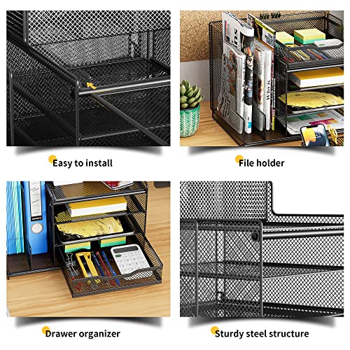 Egepon Office Desk Organizer with Upright File Holder, 4-Tier Mesh Letter Paper Tray Organizer with Multi-Functional Pen Holder and Sliding Drawer Office Supplies for Home Office School