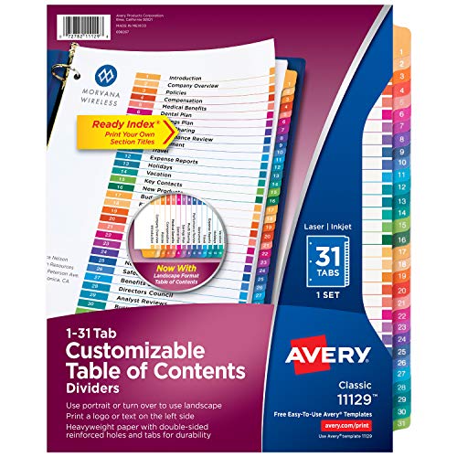 Avery 31-Tab Dividers for a 3 Ring Binders, Customizable Table of Contents, Multicolor Tabs, 1 Set (11129)