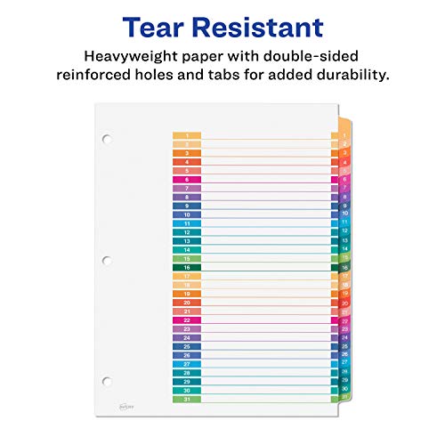 Avery 31-Tab Dividers for a 3 Ring Binders, Customizable Table of Contents, Multicolor Tabs, 1 Set (11129)