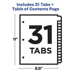 Avery 31-Tab Dividers for a 3 Ring Binders, Customizable Table of Contents, Multicolor Tabs, 1 Set (11129)