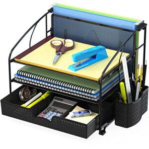 simplehouseware desk organizer 3 tray w/sliding drawer, hanging file holder and pen holder accessory, black