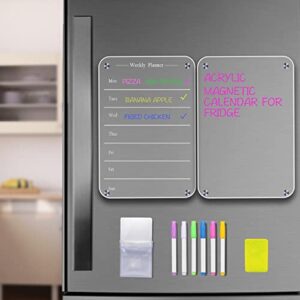 2 pcs 9″x13″ clear weekly meal planner magnetic acrylic board,acrylic magnetic dry erase board for fridge, magnet week calendar for refrigerator includes 6 colors markers and pen container