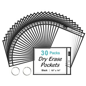 sunee 30 packs oversized reusable dry erase pocket sleeves with 2 rings, black 10×14 ticket holders, clear plastic sheet protectors, teacher school classroom supplies