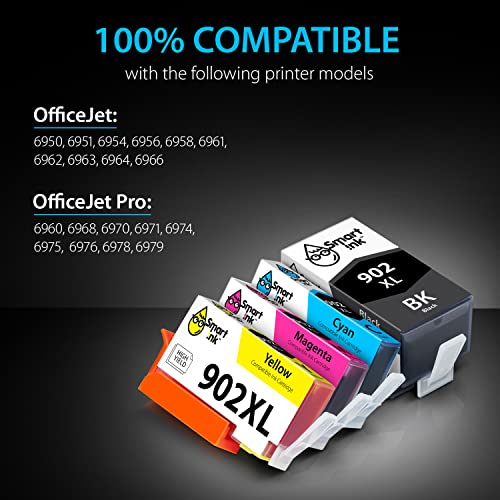 Smart Ink Compatible Ink Cartridge Replacement for HP 902 XL 902XL (4 Combo Pack) to use with Officejet Pro 6978 6968 6974 6975 6960 Officejet 6951 6954 6956 6958 Printers