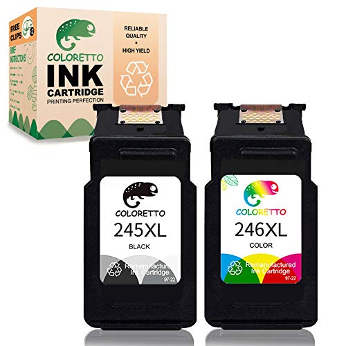 COLORETTO Remanufactured Printer Ink Cartridge Replacement for Canon Pg-245Xl Cl-246Xl PG-243 CL-244 to use with Canon PIXMA MX492 MX490 IP2820 MG2420 mg2522 TS3122 (1 Black+1 Color) Combo Pack