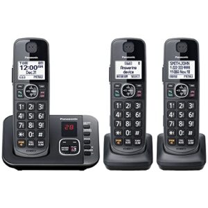 panasonic dect 6.0 expandable cordless phone system with answering machine and call blocking – 3 handsets – kx-tge633m (metallic black)