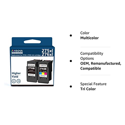 Ankink 275XL 276XL Remanufactured Ink Cartridge Replacement for Canon PG-275 CL-276 275XL 276XL Compatible with Canon PIXMA TS3520 TS3522 TS3500 TR4720 TR4700 Printers(1 Black, 1 Color, 2 Pack)