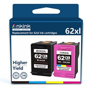 ankink higher yield hp 62xl ink cartridge replacement for 62 hp62xl hp62 xl envy 5540 5640 5660 7640 7644 7645 officejet 200 250 5740 5745 8040 printer black color (tricolor) combo 2 pack c2p07an