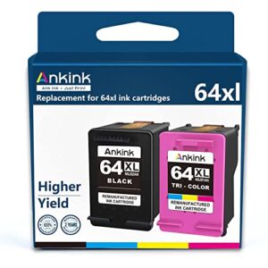 ankink higher yield 64xl black color combo replacement for hp 64 xl ink cartridge hp64 hp64xl | envy photo 7855 7155 6255 7164 7830 7858 7800 6230 7120 tango ink x printer (1 tricolor 1 black ) 2 pack
