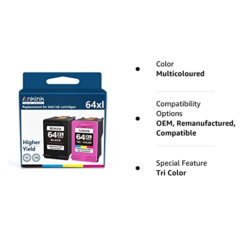 Ankink Higher Yield 64XL Black Color Combo Replacement for HP 64 xl Ink Cartridge HP64 HP64XL | Envy Photo 7855 7155 6255 7164 7830 7858 7800 6230 7120 Tango ink X Printer (1 Tricolor 1 Black ) 2 pack