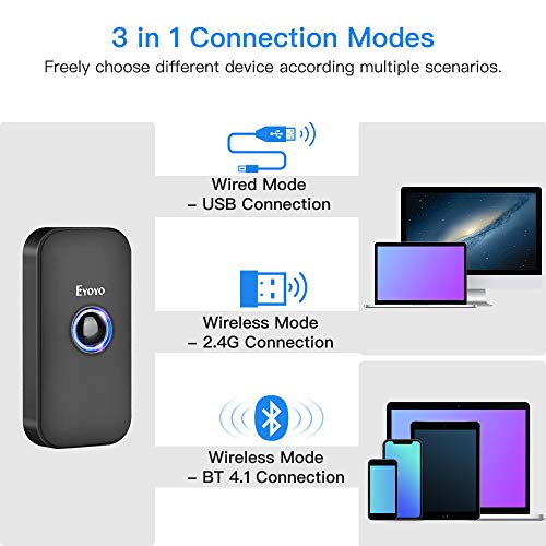 Eyoyo Mini 1D Bluetooth Barcode Scanner, 3-in-1 Bluetooth & USB Wired & 2.4G Wireless Barcode Reader Portable Bar Code Scanning Work with Windows, Android, iOS, Tablets or Computers