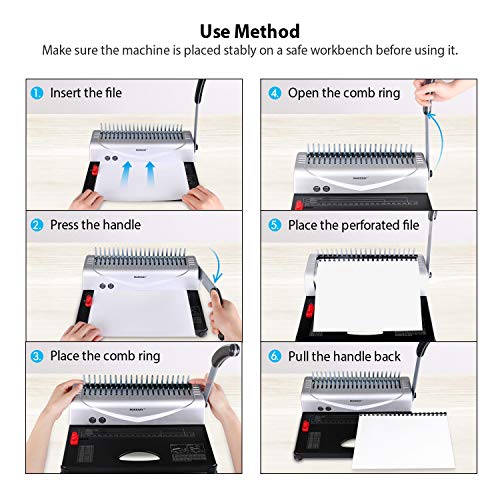 MAKEASY Comb Binding Machine, 21-Hole, 450 Sheet, Paper Punch Binder with Starter Kit 100 PCS 3/8'' PVC Comb Bindings, Comb Binding Machine for Letter Size / A4 / A5