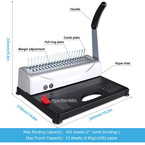 MAKEASY Comb Binding Machine, 21-Hole, 450 Sheet, Paper Punch Binder with Starter Kit 100 PCS 3/8'' PVC Comb Bindings, Comb Binding Machine for Letter Size / A4 / A5