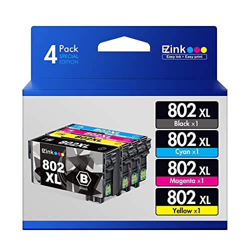 E-Z Ink (TM Remanufactured Ink Cartridge Replacement for Epson 802XL 802 T802XL T802 to use with Workforce Pro WF-4740 WF-4730 WF-4720 WF-4734 EC-4020 EC-4030 (1 Black, 1 Cyan, 1 Magenta, 1 Yellow)