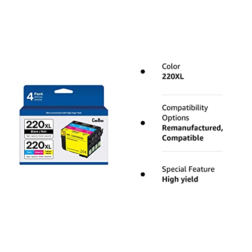 High Yield 220XL Ink Cartridges Remanufactured Replacement for Epson 220 XL Combo Pack Use with WF-2760 WF-2750 WF-2660 WF-2650 WF-2630 XP-424 XP-420 XP-320（ Black Cyan Magenta Yellow 4 Pack）