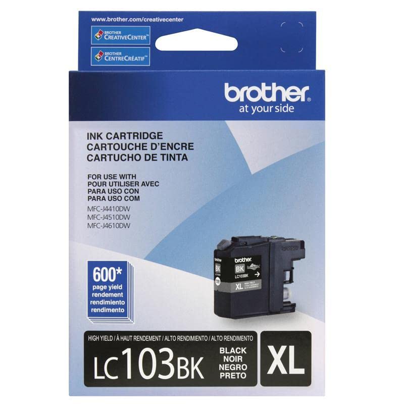 Brother Genuine High Yield Black -Ink -Cartridge, LC103BK, Replacement Black -Ink, Page Yield Up To 600 Pages, Amazon Dash Replenishment -Cartridge, LC103, 1 OEM -Cartridge