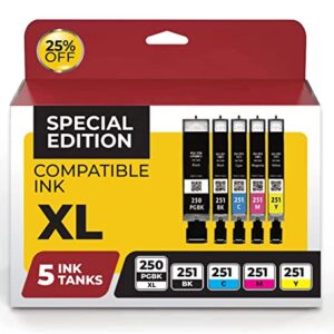 Canon PGI250 XL & CLI251 XL Compatible Replacement Ink Cartridges 5 Value Pack. Works Great with Canon PIXMA MX922, MG5520, MG7520 and More Printers (5 Pack Canon PGI 250 Ink)