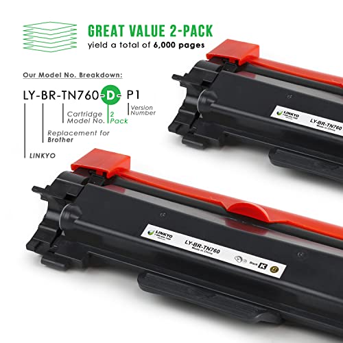 LINKYO Compatible Toner Cartridge Replacement for Brother TN760 TN-760 High Yield TN-730 (2-Pack, Design P1)