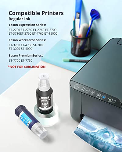 Hiipoo Compatible T502 502 (Not for Sublimation) Ink Refill Bottles for Ecotank ET-2750 ET2760 ET-2803 ET-3750 ET-4750 ET-3760 ET-4760 ET-2850 ET-4850 ET-3700 ET-3710 ET-15000 ET-2800 ST-4000 Printer