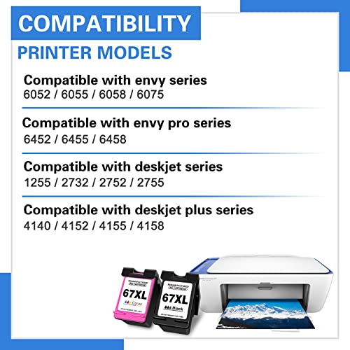 Jonity Remanufactured Ink Cartridge Replacement for HP 67XL 67 XL for Envy 6052 6058 6075 Deskjet 2732 2755 DeskJet Plus 4152 4155 4158 Printer(2 Pack Black & Color) hp67xl