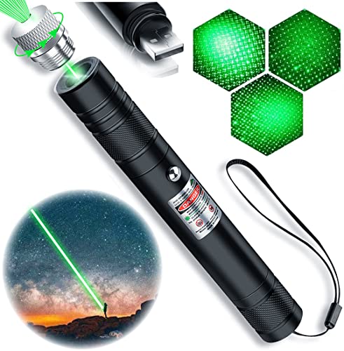 Cyahvtl Laser Pointer, 2000 Metres Green Long Range High Power Handheld Flashlight, Rechargeable Laser Pointer for USB, with Star Cap Adjustable Focus Suitable for Projecto