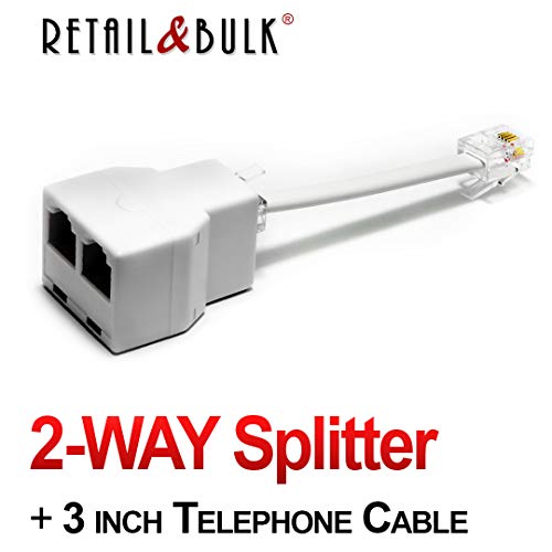 RetailAndBulk Phone Jack Splitter for Landline Telephone RJ11 6P4C 2 Way Adapter (1 Splitter + 3 Inch Cable)