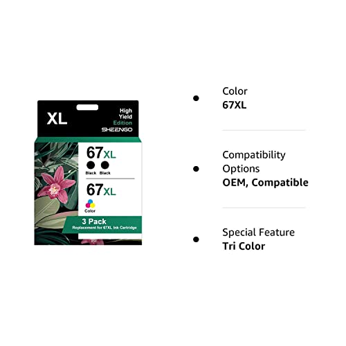 67XL Ink Cartridges Black/Color Combo Pack Replacement for HP 67XL High Yield for Envy 6055e 6055 6052 6075 Envy Pro 6455e 6455 6475 6452 6458 DeskJet 4155 2755e 2755 Printer (2 Black, 1 Tri-Color)