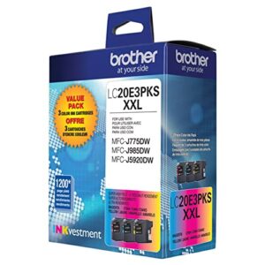 Brother Genuine High Yield Color Ink Cartridge, 3 Pack of LC20E, Replacement Color Ink Three Pack, Includes 1 Cartridge Each of Cyan, Magenta & Yellow, Page Yield Up to 1200 Pages/Cartridge, LC20E