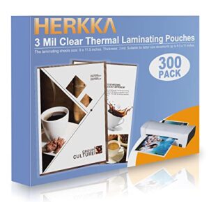 herkka 300 pack laminating sheets, holds 8.5 x 11 inch sheets, 3 mil clear thermal laminating pouches 9 x 11.5 inch lamination sheet paper for laminator, round corner letter size