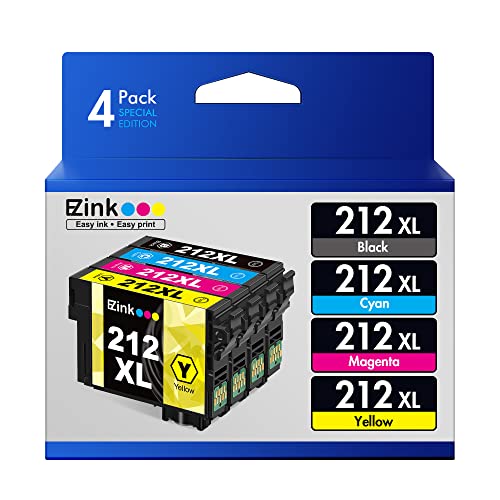 E-Z Ink (TM Remanufactured Ink Cartridge Replacement for Epson 212XL T212XL 212 XL T212 to use with XP-4100 XP-4105 WF-2830 WF-2850 Printer (1 Black, 1 Cyan, 1 Magenta, 1 Yellow, 4 Pack)