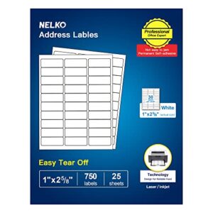 nelko address labels, 1″ x 2-5/8″ shipping address labels for laser & inkjet printers, mailing sticker labels, easy to pee for fba label (25 sheets, 750 labels)
