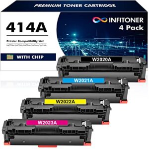 infitoner 414a toner cartridges 4 pack (with chip) compatible replacement for hp 414a 414x w2020a for hp color pro mfp m479fdw m479fdn m454dw m454dn printer ink (black cyan magenta yellow)