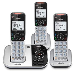 vtech vs112-3 dect 6.0 bluetooth 3 handset cordless phone for home with answering machine, call blocking, caller id, intercom and connect to cell (silver & black)