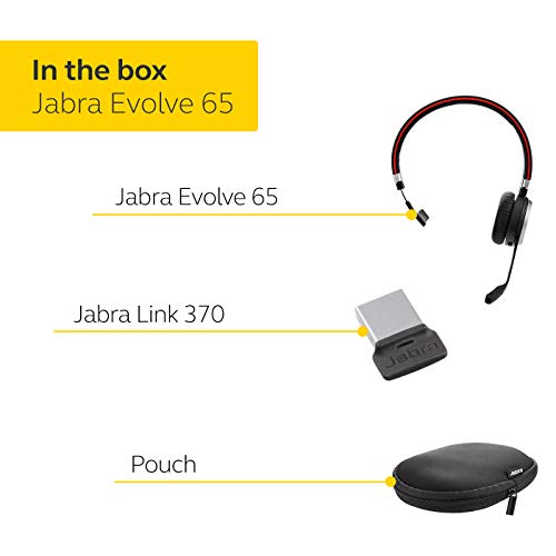 Jabra Evolve 65 UC Wireless Headset, Mono – Includes Link 370 USB Adapter – Bluetooth Headset with Industry-Leading Wireless Performance, Passive Noise Cancellation, All Day Battery