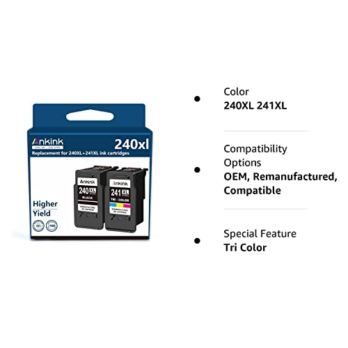 Ankink Remanufactured Ink Cartridges 240XL 241XL for Canon PG 240 CL 241 XL Black Color Combo Pack for Pixma MG3620 MG3600 TS5120 TS5100 MG3520 MG2120 MX452 MX472 MX512 Printer (1 Black, 1 Tri-Color)
