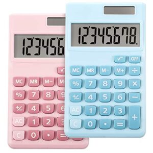 2 pieces basic standard calculators small digital desktop calculator with 8-digit lcd display, battery solar power smart calculator pocket size for kids for home school (blue, pink)