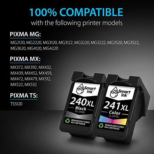 Smart Ink Remanufactured Ink Cartridge Replacement for Canon 240XL 241XL PG-240XL CL-241XL to use with Pixma MG3620 MG3520 MX472 TS5120 MX452 MX432 MX532 MG3220 Printer (Black & Color XL Combo Pack)