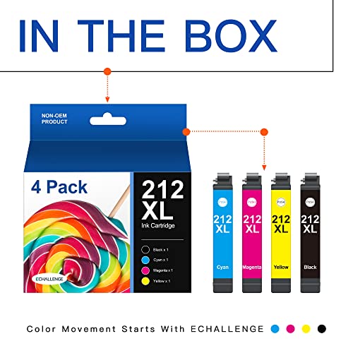 ECHALLENGE Remanufactured 212XL Ink Cartridge Replacement for 212XL 212 XL T212XL for Expression Home XP-4100 XP-4105 Workforce WF-2830 WF-2850 (Black, Cyan, Magenta, Yellow, 4-Pack)