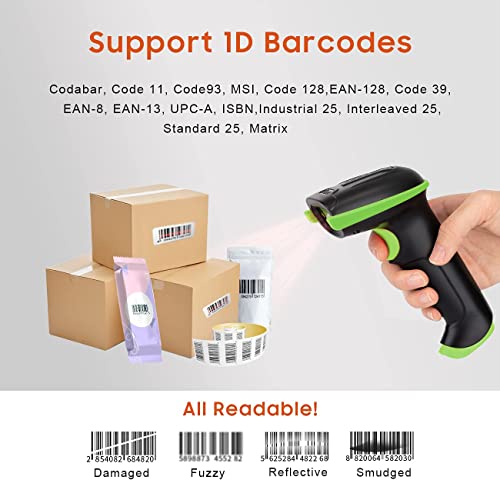 Tera Barcode Scanner Wireless Versatile 2-in-1 (2.4Ghz Wireless+USB 2.0 Wired) with Battery Level Indicator 328 Feet Transmission Distance Rechargeable 1D Laser Bar Code Reader USB Handheld (Green)