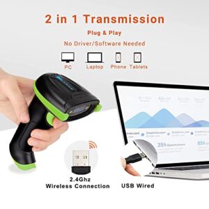 Tera Barcode Scanner Wireless Versatile 2-in-1 (2.4Ghz Wireless+USB 2.0 Wired) with Battery Level Indicator 328 Feet Transmission Distance Rechargeable 1D Laser Bar Code Reader USB Handheld (Green)