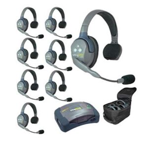 eartec hub8s 8-person full duplex wireless intercom with 8 ultralite single ear headsets