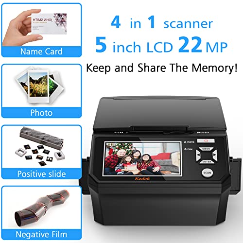 KEDOK Photo,NameCard,Slide & Negative Scanner with Large 5" LCD Screen,Film and Slide Digitizer-Convert 35mm,110 Film/Photo(3R,4R,5R)/NameCard to 22MP Digital JPEG-8GB SD Card Included