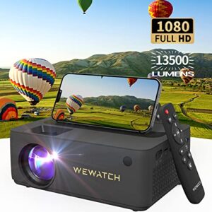 wifi bluetooth projector, wewatch native 1080p mini portable projector, 260″ screen and 5w speaker, movie projector for outdoor compatible with tv stick, hdmi, ios android