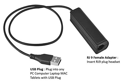 RJ9 Plug to USB Headset Adapter Compatible with Plantronics Jabra Sennheiser Wireless DECT Headsets for Use with Computers PC Laptop Mac Tablet Window Softphones Devices