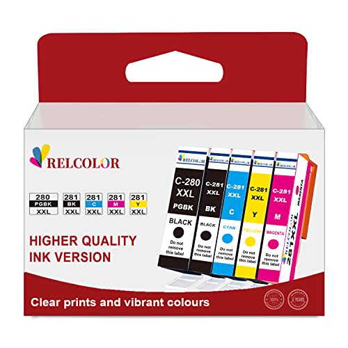 Relcolor Better-Ink Filled 280XXL 281XXL Ink Cartridge for Canon 280 281 XL Combo for Pixma TR8520 TR8620 TS6320 TR8600 TR7520 TS6120 TS9521C TS702 Printer 5 Pack (PGI-280XL PGBK CLI-281XL Black CMY)