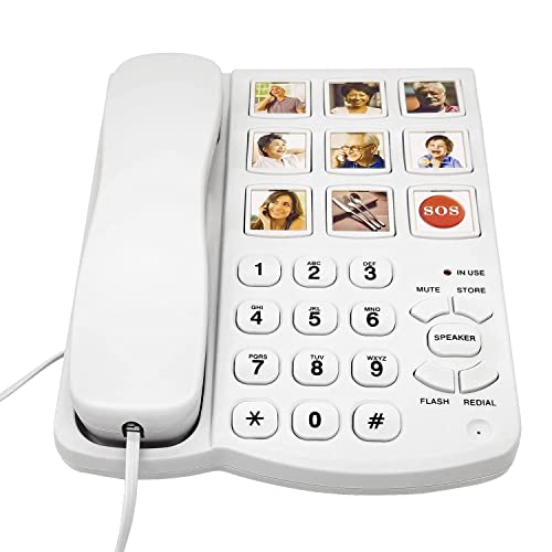 Big Button Phone for Seniors, 9 Pictured Big Buttons,Extra Loud Ringer,Wired Simple Basic Landline Telephone for Visually Impaired Old People with Large Easy Buttons, Emergency House Phones