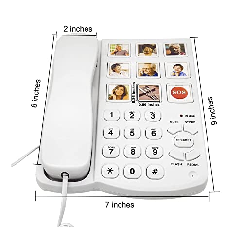 Big Button Phone for Seniors, 9 Pictured Big Buttons,Extra Loud Ringer,Wired Simple Basic Landline Telephone for Visually Impaired Old People with Large Easy Buttons, Emergency House Phones