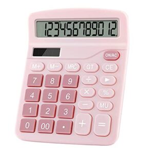 podokas office calculators desktop, 12-digit battery dual power cute calculator with large lcd display big button for office home and school (pink)