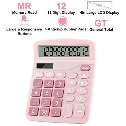 Podokas Office Calculators Desktop, 12-Digit Battery Dual Power Cute Calculator with Large LCD Display Big Button for Office Home and School (Pink)